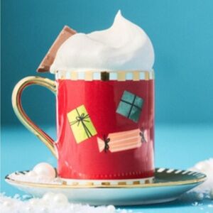 NIB Anthropologie Stoneware Red Espresso Cup & Gold Saucer Set No Peeking